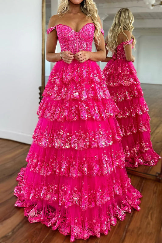 Princess Ball Gown Hot Pink Off the Shoulder Long Prom Dress