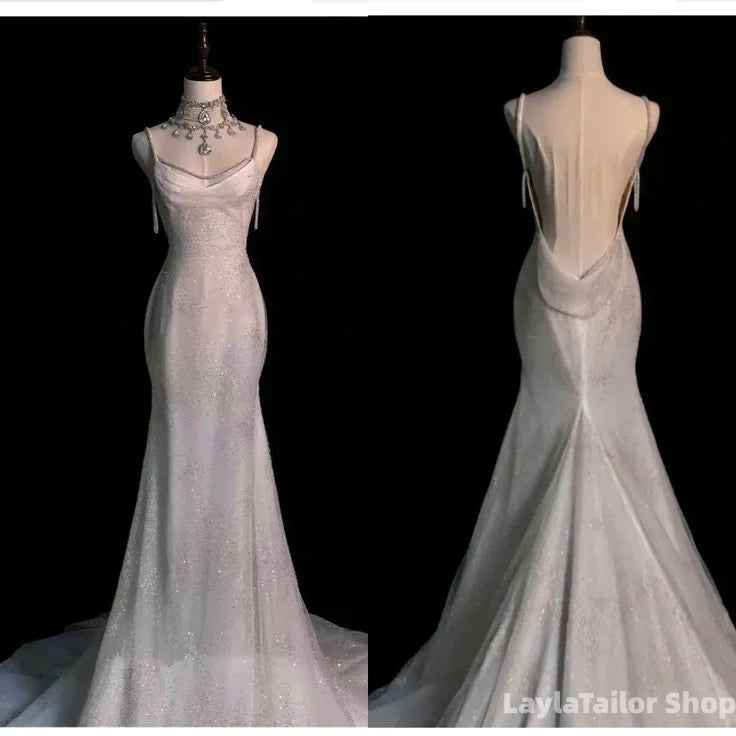 Fairytale Mermaid Wedding Dresses Glittering Straps Backless Wedding Dress,LTP3673