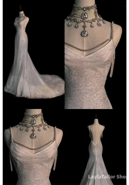 Fairytale Mermaid Wedding Dresses Glittering Straps Backless Wedding Dress,LTP3673