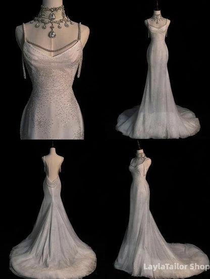 Fairytale Mermaid Wedding Dresses Glittering Straps Backless Wedding Dress,LTP3673