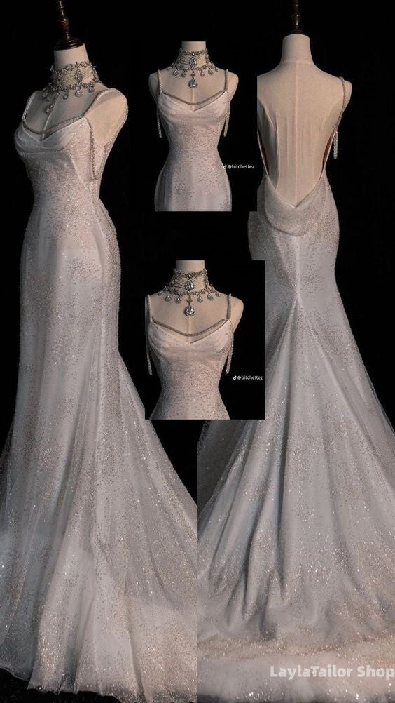 Fairytale Mermaid Wedding Dresses Glittering Straps Backless Wedding Dress,LTP3673
