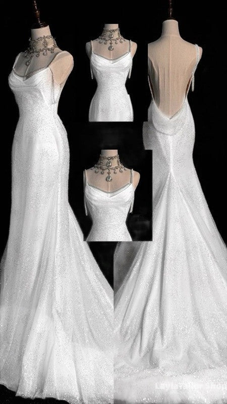 Fairytale Mermaid Wedding Dresses Glittering Straps Backless Wedding Dress,LTP3673
