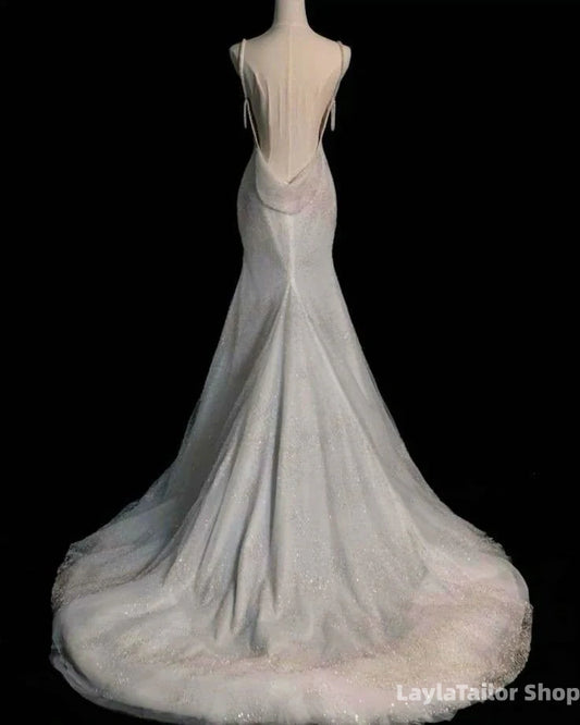 Fairytale Mermaid Wedding Dresses Glittering Straps Backless Wedding Dress,LTP3673