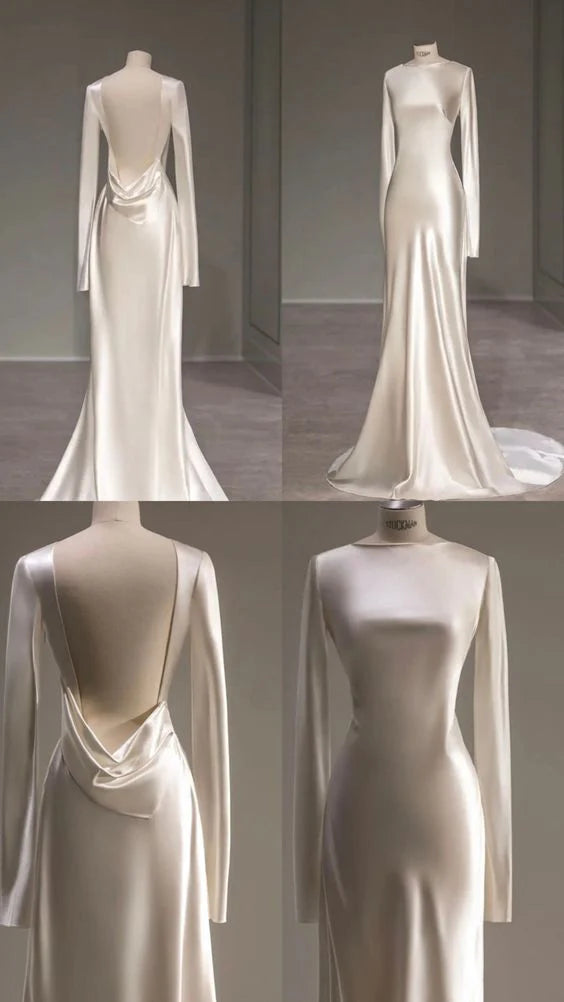 Elegant White Long Sleeves Sheath Wedding Dresses With Open Back,LTP3679