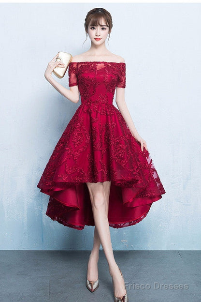 Fashionable High Low Dark Red Lace Party Dress, Homecoming Dresses