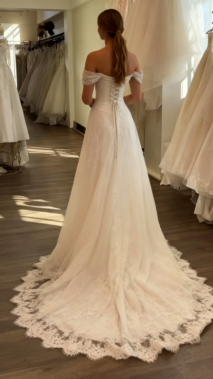 A Line White Off Shoulder Long Princess Wedding Dress