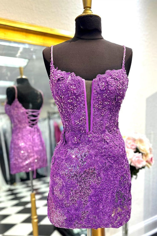 Purple Applique Beaded Spaghetti Straps Homecoming Dress