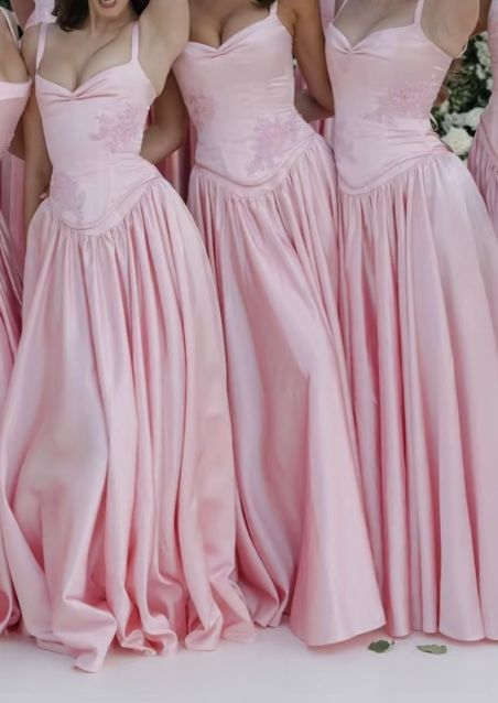 Pink Retro Elegant A-Line Spaghetti Strap Satin Long Evening Dress Birthday Party Dress Bridesmaid Dress,LTP3635