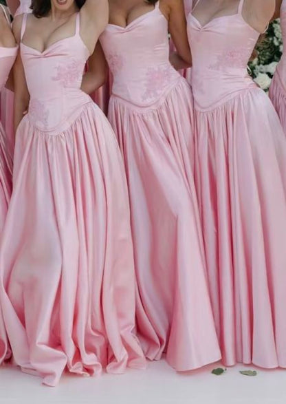 Pink Retro Elegant A-Line Spaghetti Strap Satin Long Evening Dress Birthday Party Dress Bridesmaid Dress,LTP3635