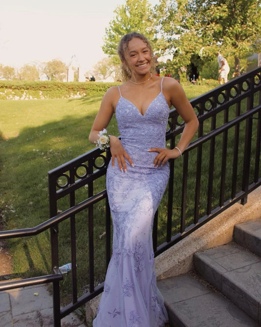 Lilac Tulle Appliques Mermaid Long Prom Dress