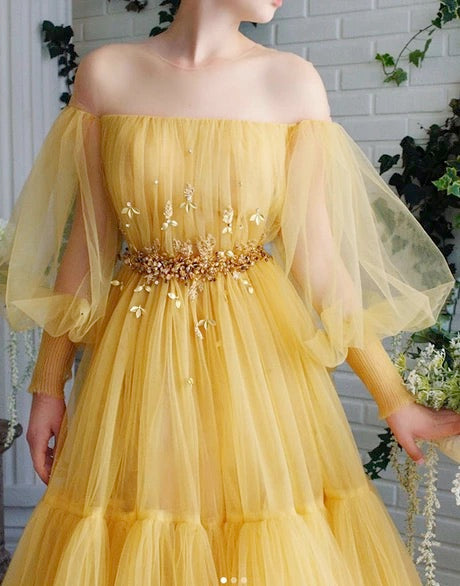 Yellow tulle lace long prom dress party dress