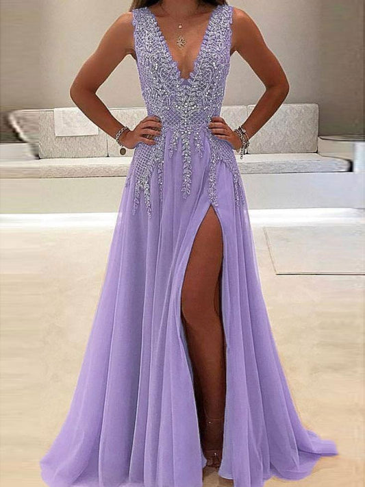 Luxury Purple Beaded V-Neck Long Prom Dress