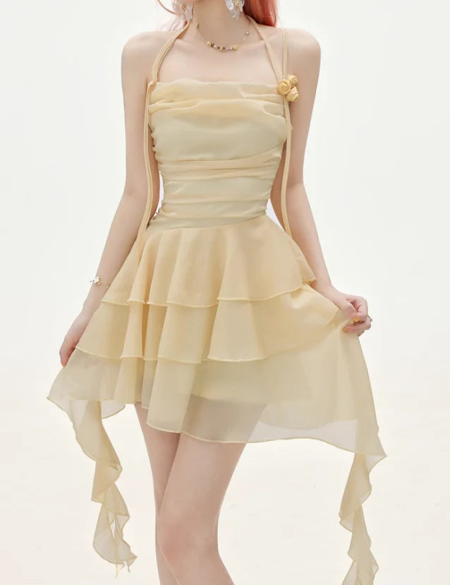 Flowy A Line Halter Layered Yellow Chiffon Open Back Short Homecoming Dress Cocktail Dress LTP82644