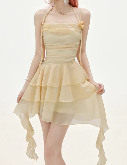 Flowy A Line Halter Layered Yellow Chiffon Open Back Short Homecoming Dress Cocktail Dress LTP82644