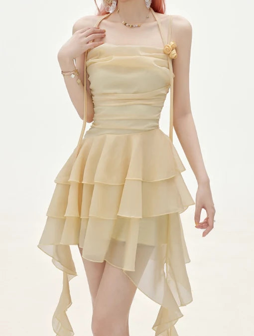 Flowy A Line Halter Layered Yellow Chiffon Open Back Short Homecoming Dress Cocktail Dress LTP82644