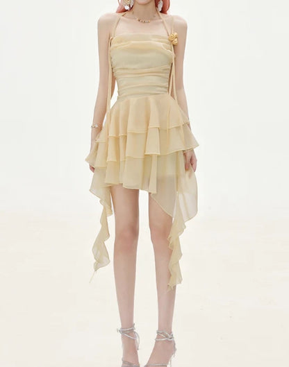 Flowy A Line Halter Layered Yellow Chiffon Open Back Short Homecoming Dress Cocktail Dress LTP82644