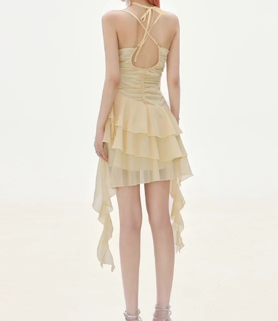 Flowy A Line Halter Layered Yellow Chiffon Open Back Short Homecoming Dress Cocktail Dress LTP82644