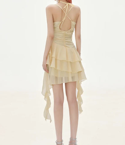 Flowy A Line Halter Layered Yellow Chiffon Open Back Short Homecoming Dress Cocktail Dress LTP82644