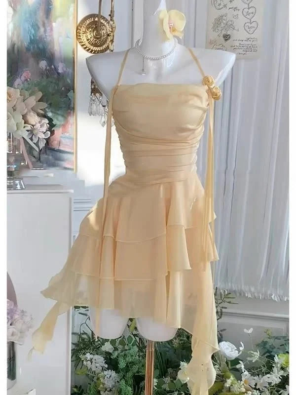 Flowy A Line Halter Layered Yellow Chiffon Open Back Short Homecoming Dress Cocktail Dress LTP82644