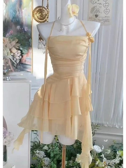 Flowy A Line Halter Layered Yellow Chiffon Open Back Short Homecoming Dress Cocktail Dress LTP82644