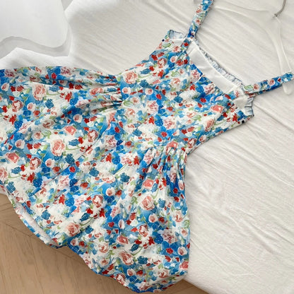 Fresh Blue Floral Waist Thin Strap Square Neck A-Line Short 16Th Birthday Homecoming Dress