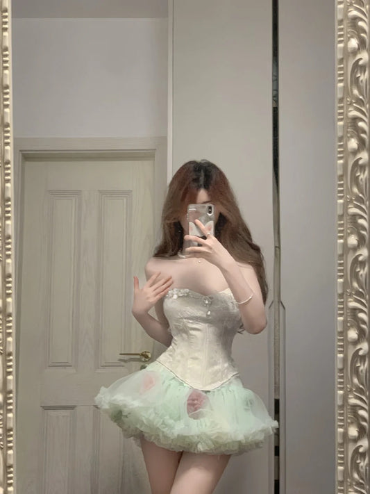 Fresh Green Tulle Herringbone Bustier Mini Homecoming Dress