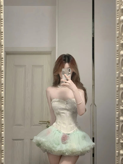 Fresh Green Tulle Herringbone Bustier Mini Homecoming Dress