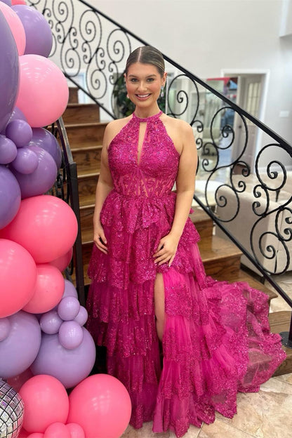 Halter Royal Blue Sequin Tulle Ruffles Gown