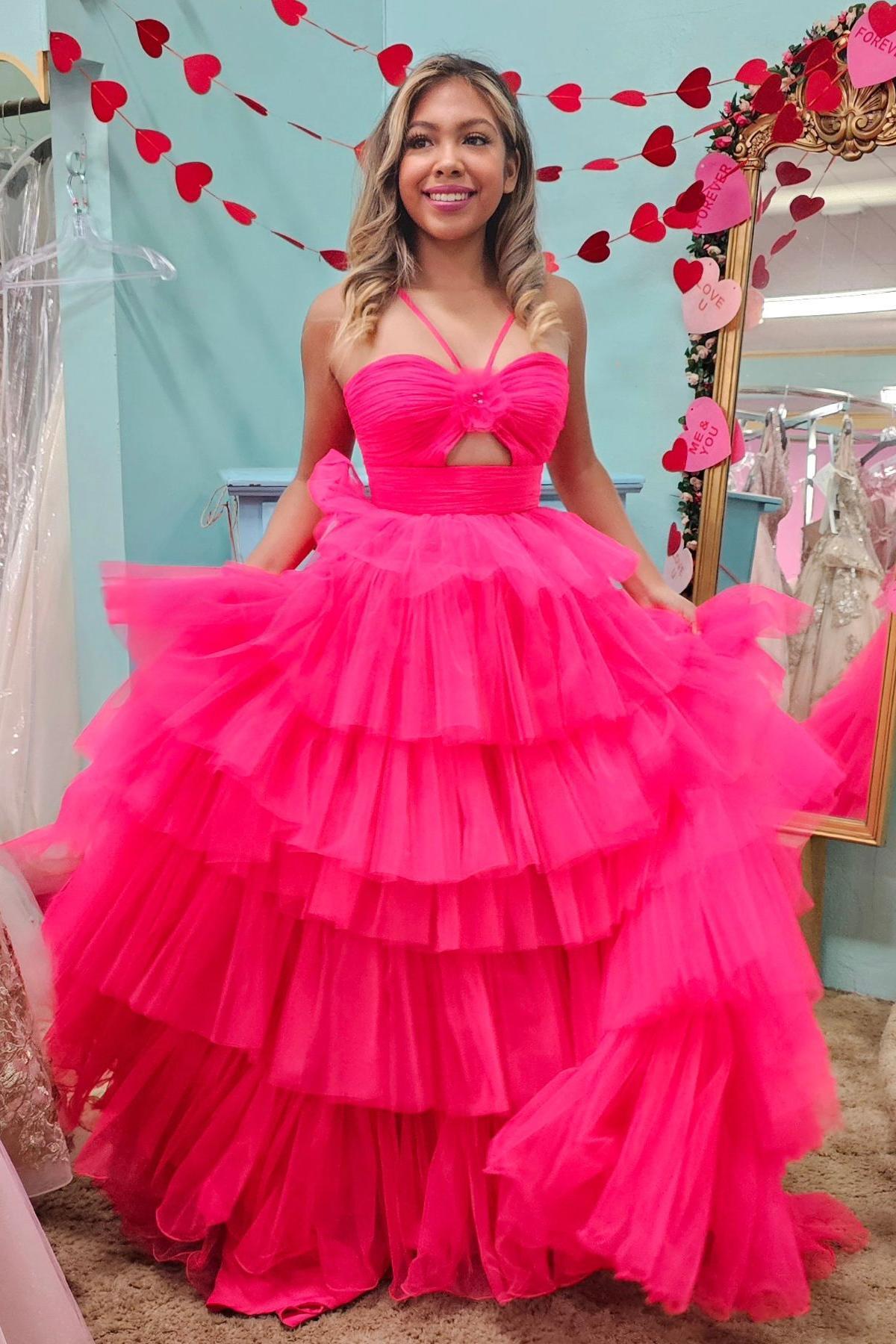 Orange Halter Tulle Tiered A-line Long Party Dress