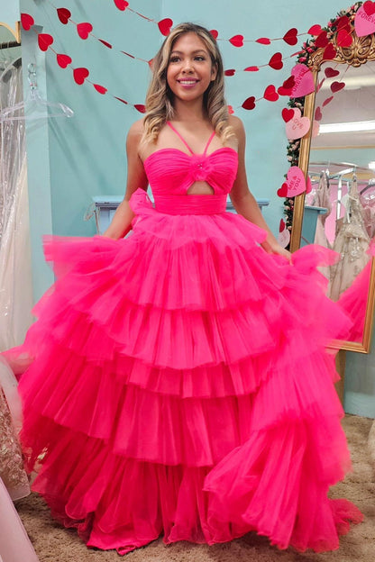 Orange Halter Tulle Tiered A-line Long Party Dress