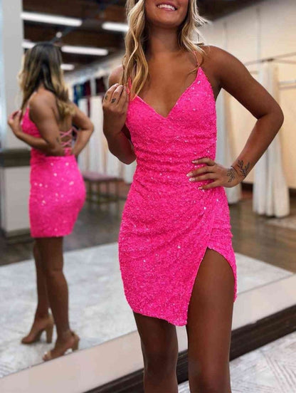 Pink Bodycon Spaghetti Straps Sequined Mini Party Dresses