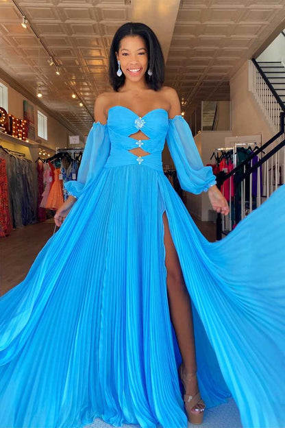 Blue A-Line Chiffon Pleated Split Long Party Prom Dress