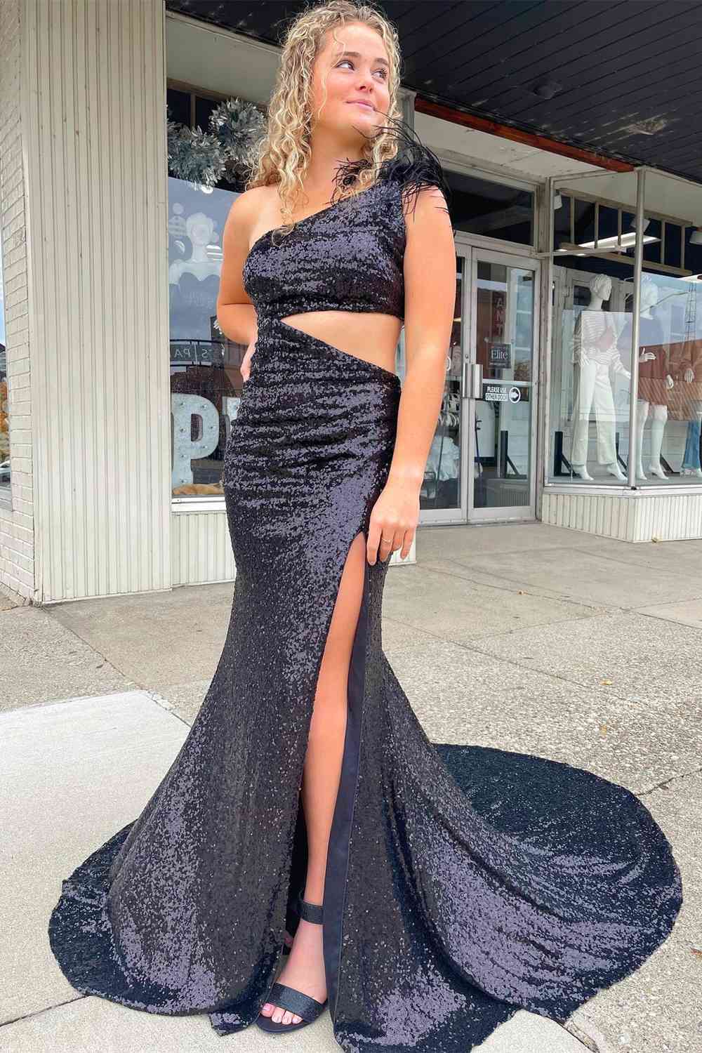 One Shoulder Feather Sequined Long Prom Dress