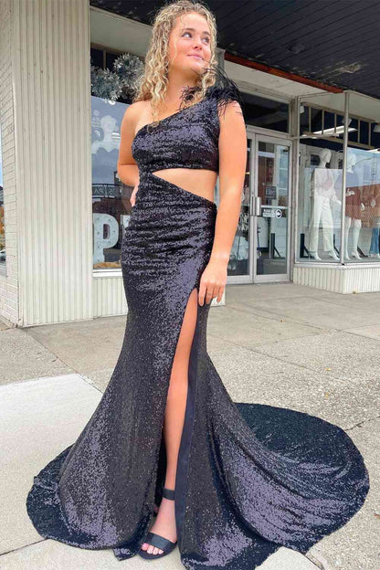 One Shoulder Feather Sequined Long Prom Dress