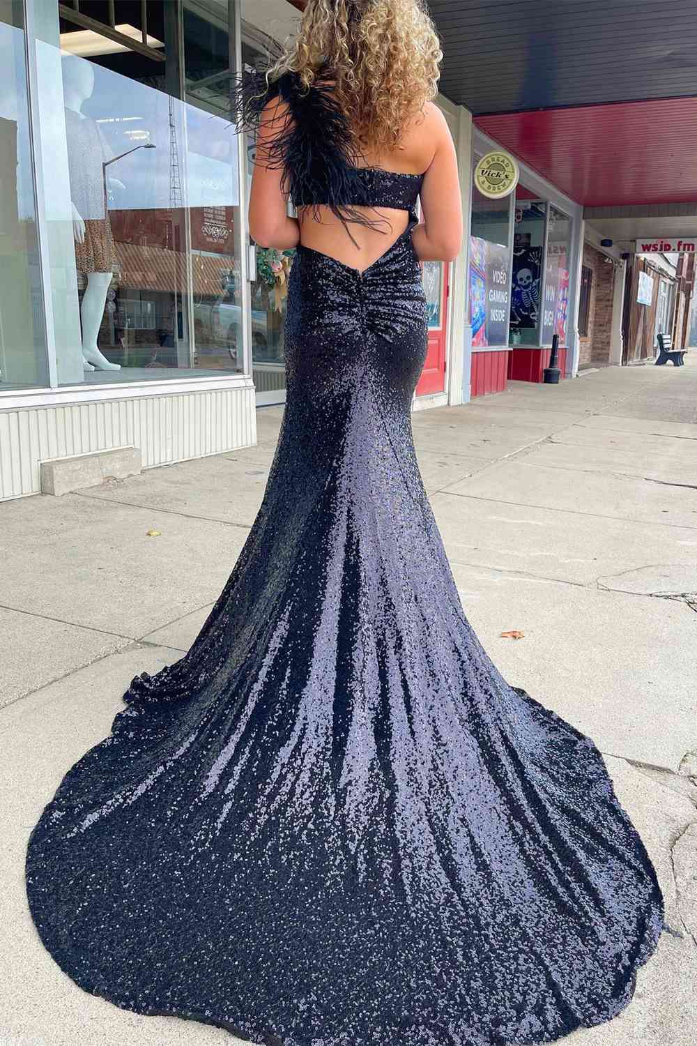 One Shoulder Feather Sequined Long Prom Dress