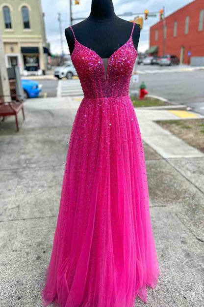 Straps Neon Pink Beaded A-Line Long Prom Dress, Evening Formal Dress