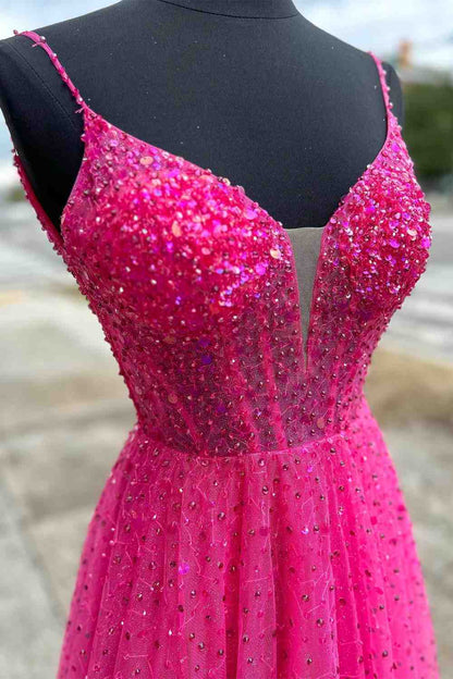 Straps Neon Pink Beaded A-Line Long Prom Dress, Evening Formal Dress