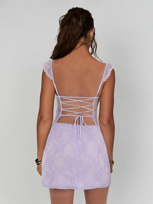 Lilac - Spaghetti Straps Sheath Lace Short Homecoming & Cocktail Dress With Slit
