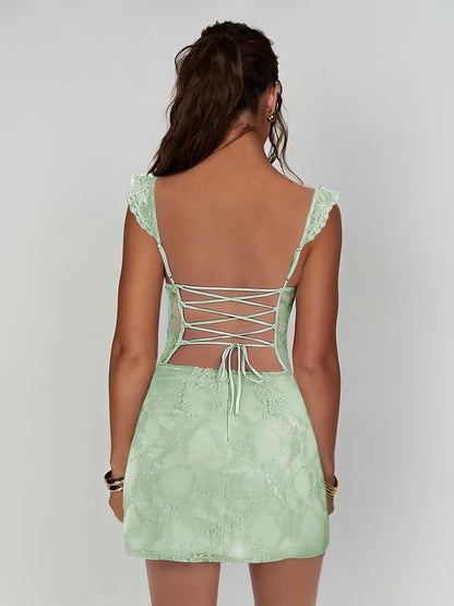 Sage - Spaghetti Straps Sheath Lace Short Homecoming & Cocktail Dress With Slit