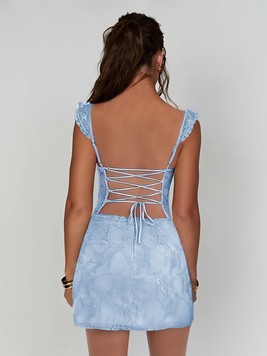 Sky Blue - Spaghetti Straps Sheath Lace Short Homecoming & Cocktail Dress With Slit