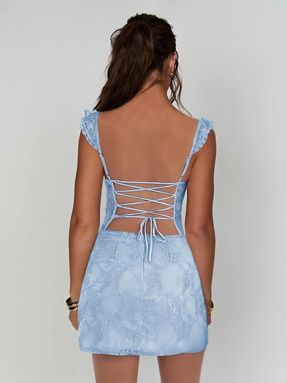 Sky Blue - Spaghetti Straps Sheath Lace Short Homecoming & Cocktail Dress With Slit