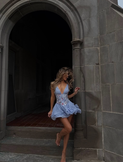 Gentle A Line V Neck Embroidery Satin Layered Blue Chiffon Homecoming Dress Birthday Dress