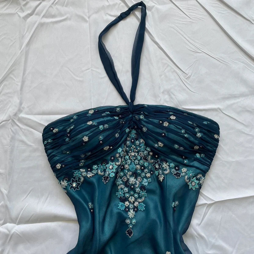 Blue Floral Beaded Short Halter Chiffon Homecoming Dress Birthday Party Dress LTP82642