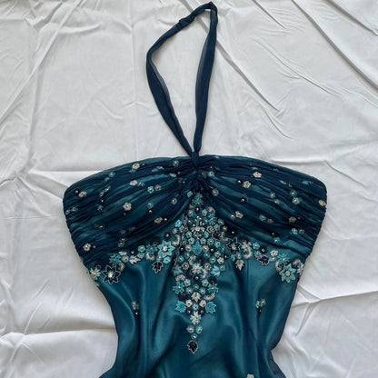 Blue Floral Beaded Short Halter Chiffon Homecoming Dress Birthday Party Dress LTP82642