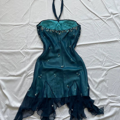 Blue Floral Beaded Short Halter Chiffon Homecoming Dress Birthday Party Dress LTP82642