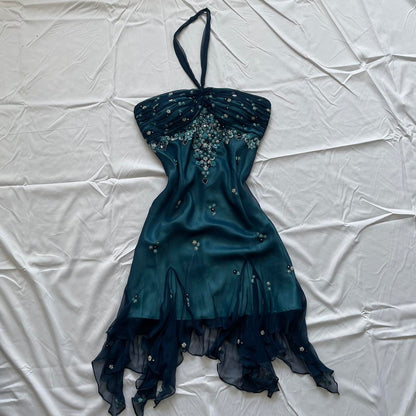Blue Floral Beaded Short Halter Chiffon Homecoming Dress Birthday Party Dress