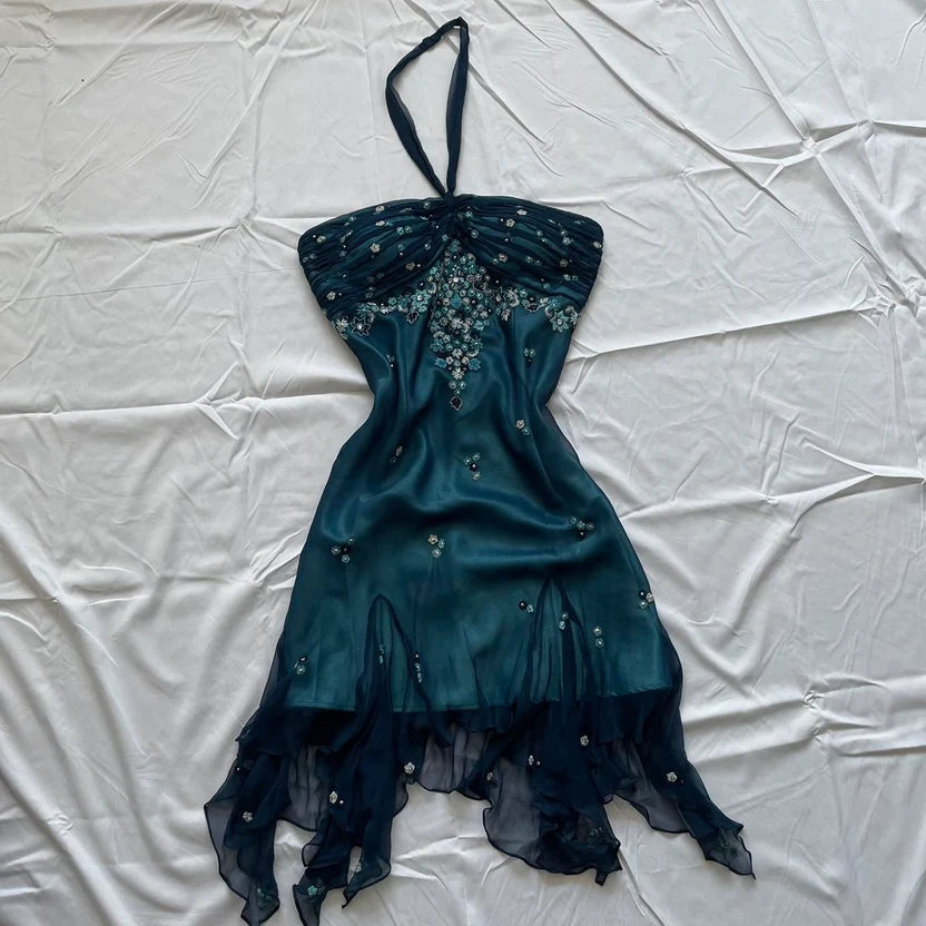 Blue Floral Beaded Short Halter Chiffon Homecoming Dress Birthday Party Dress LTP82642