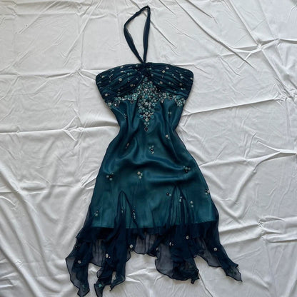 Blue Floral Beaded Short Halter Chiffon Homecoming Dress Birthday Party Dress LTP82642