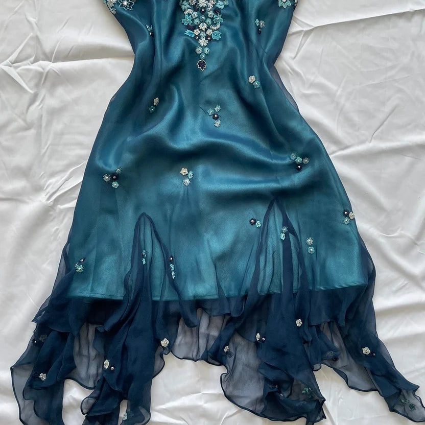 Blue Floral Beaded Short Halter Chiffon Homecoming Dress Birthday Party Dress LTP82642