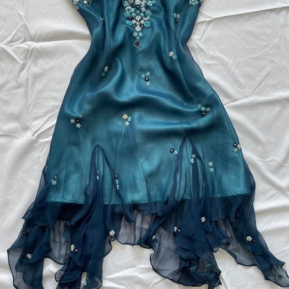 Blue Floral Beaded Short Halter Chiffon Homecoming Dress Birthday Party Dress LTP82642